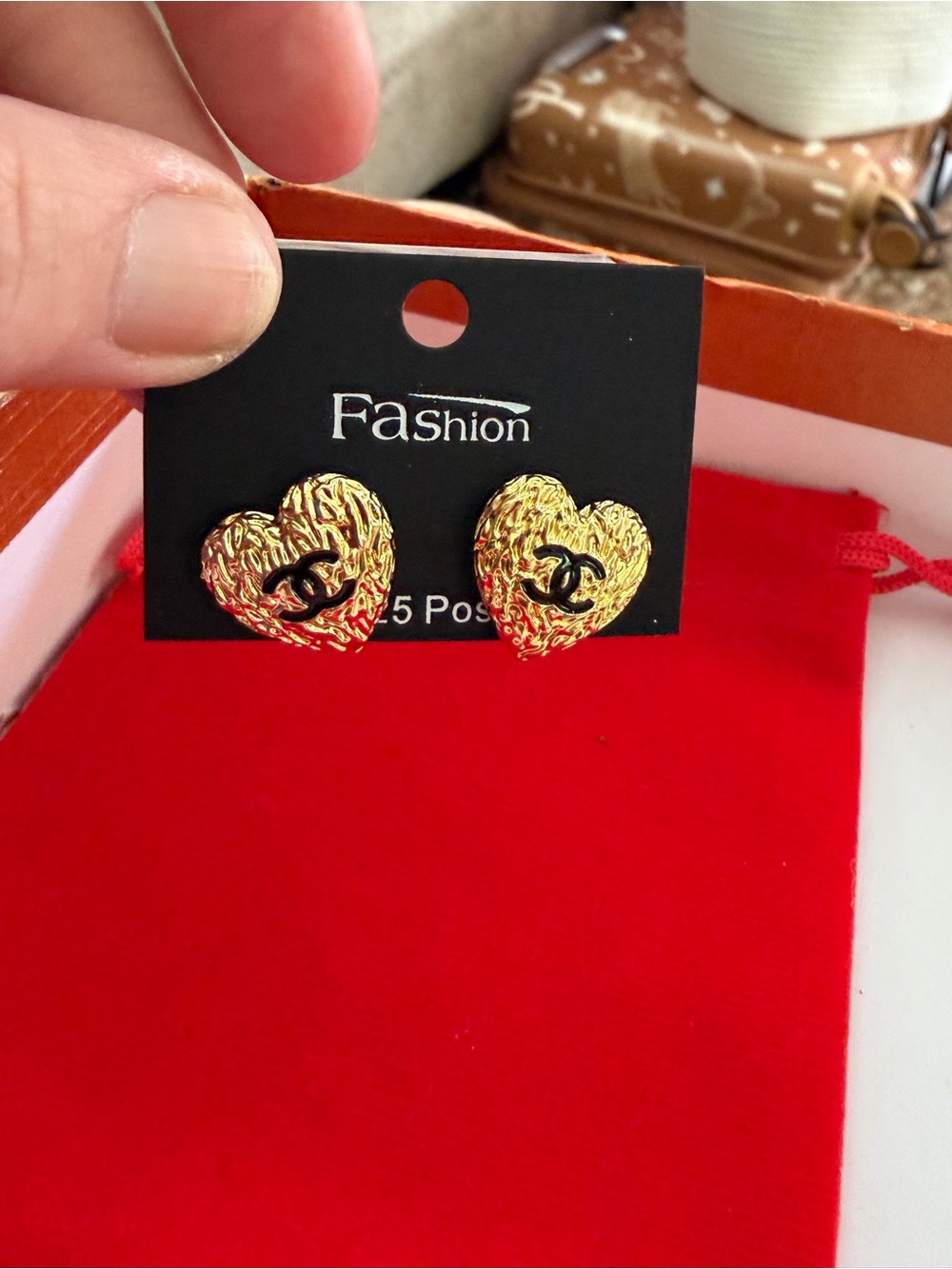 Gold Heart Stud Earrings with Black Accent, fashion jewelry - Picture 1 of 8